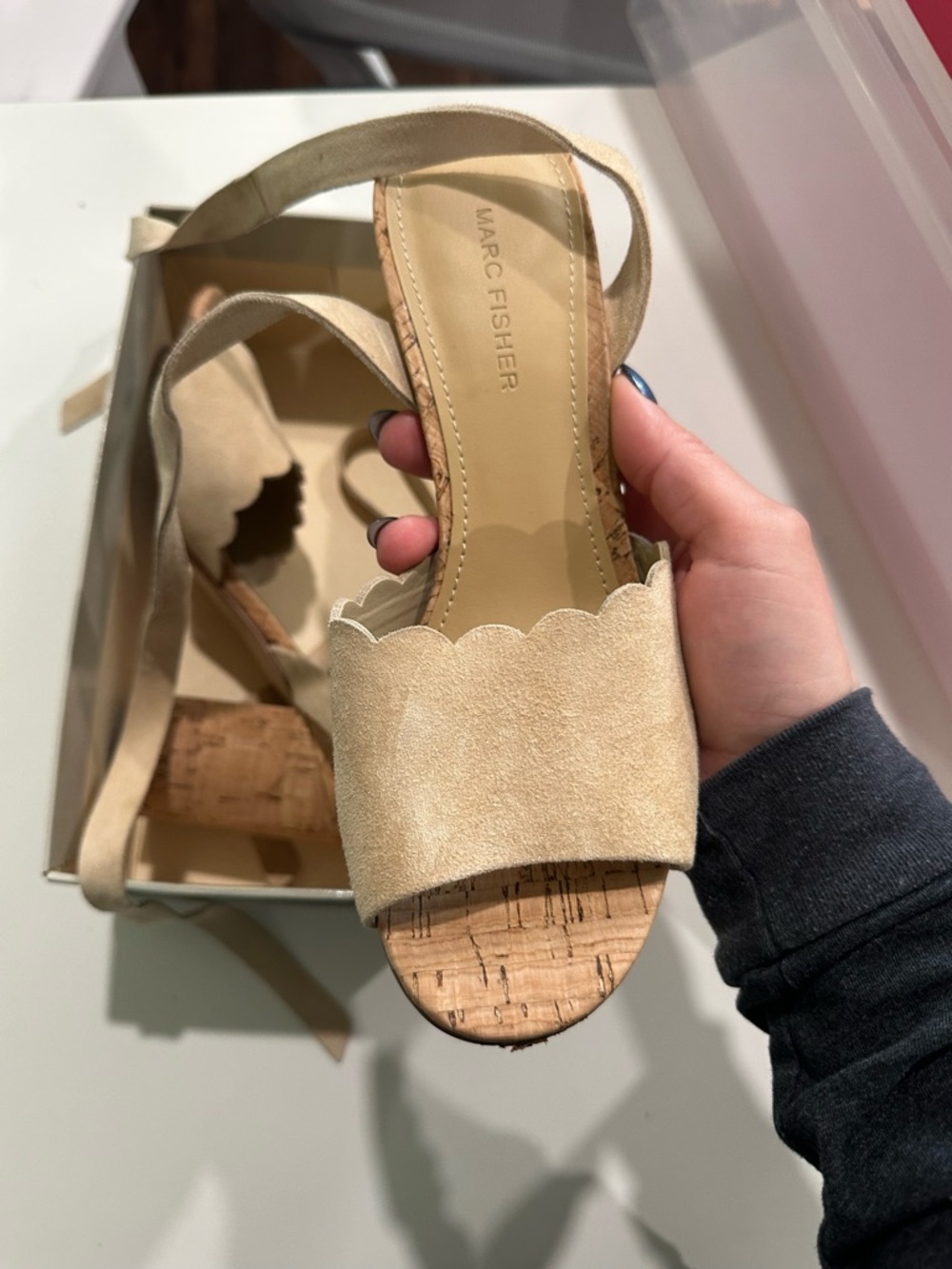 Marc Fisher Scalloped Suede Cork Wedge Sandals in Beige